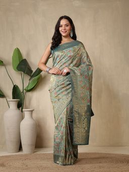 MEENA BAZAAR - Printed Green Art Silk Saree Without Blouse