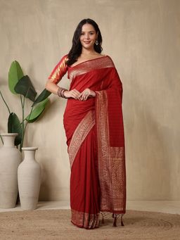 MEENA BAZAAR - Woven Maroon Art Silk Saree Without Blouse