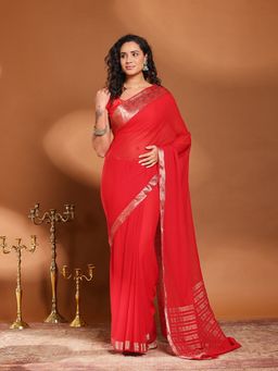 MEENA BAZAAR - Woven Red Chinon Saree Without Blouse