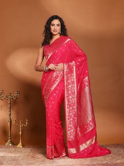 MEENA BAZAAR - Woven Pink Chinon Saree Without Blouse