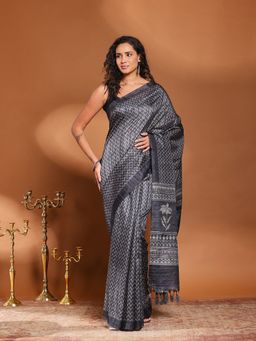 MEENA BAZAAR - Printed Black Art Silk Saree Without Blouse