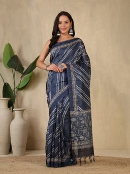 MEENA BAZAAR - Stripes Printed Blue Art Silk Saree Without Blouse