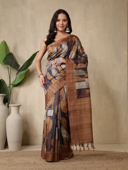 MEENA BAZAAR - Abstract Printed Mustard Art Silk Saree Without Blouse