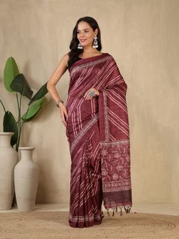 MEENA BAZAAR - Stripes Printed Wine Art Silk Saree Without Blouse