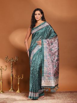 MEENA BAZAAR - Floral Printed Green Art Silk Saree Without Blouse