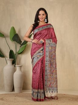 MEENA BAZAAR - Floral Printed Maroon Art Silk Saree Without Blouse
