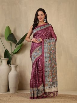 MEENA BAZAAR - Floral Printed Wine Art Silk Saree Without Blouse