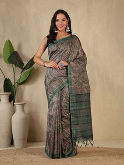 MEENA BAZAAR - Printed Green Art Silk Saree Without Blouse