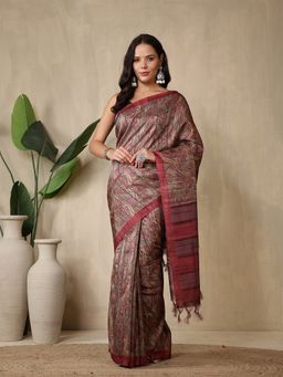 MEENA BAZAAR - Printed Maroon Art Silk Saree Without Blouse