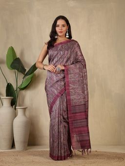MEENA BAZAAR - Printed Wine Art Silk Saree Without Blouse
