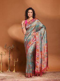 MEENA BAZAAR - Woven Teal Art Silk Saree Without Blouse