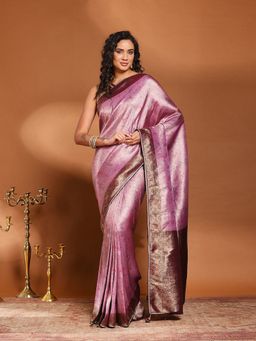 MEENA BAZAAR - Printed Lavender Art Silk Saree Without Blouse