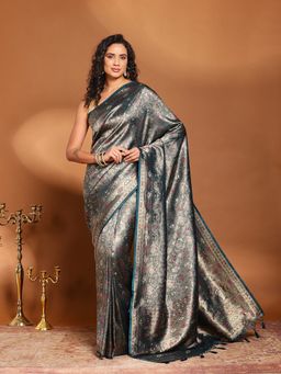 MEENA BAZAAR - Woven Teal Art Silk Saree Without Blouse