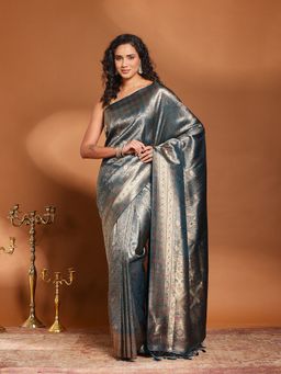 MEENA BAZAAR - Woven Teal Art Silk Saree Without Blouse