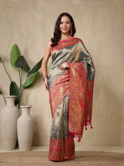 MEENA BAZAAR - Woven Teal Art Silk Saree Without Blouse