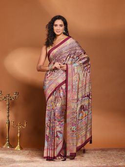 MEENA BAZAAR - Printed Wine Art Silk Saree Without Blouse