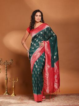 MEENA BAZAAR - Green Crepe Saree Without Blouse