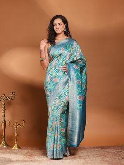 MEENA BAZAAR - Woven Blue Satin Saree Without Blouse
