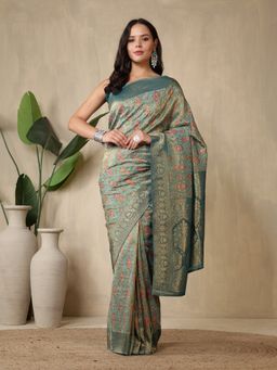 MEENA BAZAAR - Embellished Teal Art Silk Saree Without Blouse