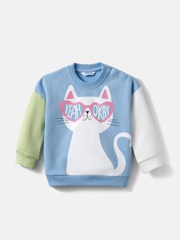 Nautinati - Cat Print Blue Colourblock Fleece Sweatshirt for Girls