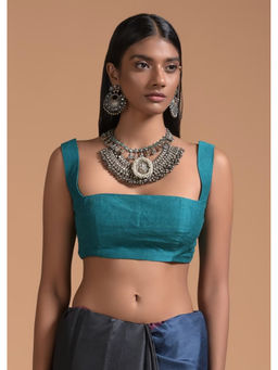 KALKI FASHION - Teal Blue Sleeveless Blouse In Raw Silk with Fancy Curvy Square Neckline