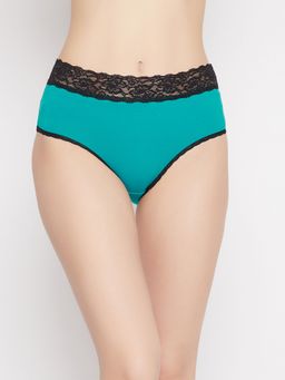 Clovia - Mid Waist Hipster Panty In Teal with Lace Cotton Green