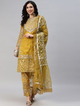 Readiprint - Semi-Stitched Mustard Blue Kurti with Bottom and Dupatta (Set of 3) (Free Size)