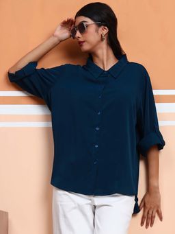 FITHUB - Navy Blue Solid Full Sleeves Shirt