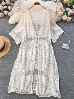 MISS MOSA BY AKANKSHA - Beige Embroidered Three Fourth Sleeves Shrug