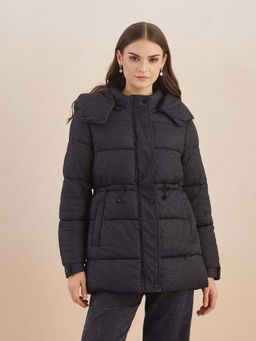 Latin Quarters - Black Textured Full Sleeves Puffer Jacket