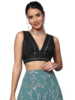 SALWAR STUDIO - Women's Black Silver Silk Blend Stitched Blouse