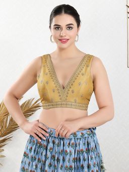 SALWAR STUDIO - Beige Mulbury Silk Embroidered Stitched Blouse