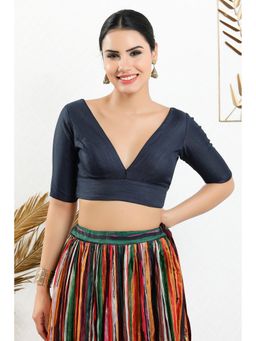 SALWAR STUDIO - Navy-Blue Silk Solid Stitched Blouse