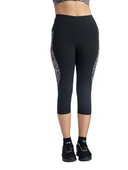 Hunnit - Black Majestic Flora 3/4 High Waist Stretchable Leggings for Women