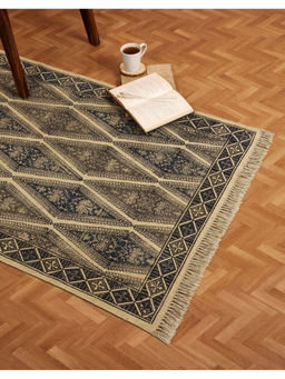 Fabindia - Blue Beige Cotton Viscose Hand Woven Kalamkari Dhurrie (S)