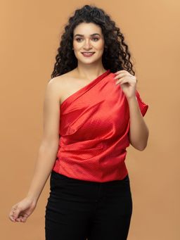 Attic Salt - Red Printed Shiny Satin Ruched Top