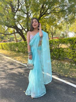 Odette - Blue Organza Embroidered Saree with Unstitched Blouse