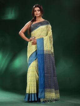 CHARUKRITI - Lime Green Handspun Cotton Handwoven Saree with Unstitched Blouse