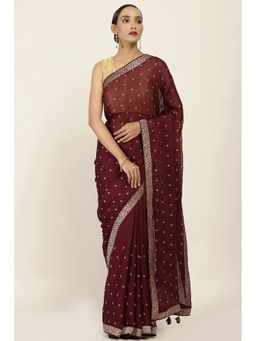 Soch - Purple Poly Chiffon Ethnic Motifs Embroidered Saree with Unstitched