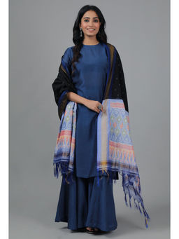 Tjori - Black and Powder Blue Ikat Dupatta