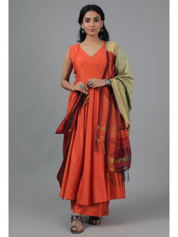 Tjori - Moss Green and Red-Orange Ikat Dupatta