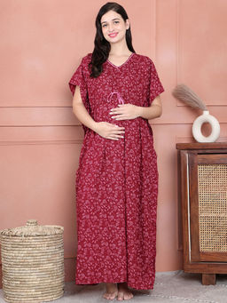 Secret Wish - Maroon Floral Cotton Blend Maternity Kaftan Full Length