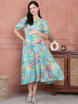 Secret Wish - Green Floral Crinkle Rayon Maternity Dress Calf Length