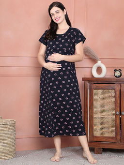 Secret Wish - Navy Blue Printed Hosiery Maternity Nighty