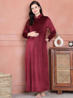 Secret Wish - Maroon Solid Velvet Maternity Nighty Full Length