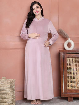 Secret Wish - Pink Solid Velvet Maternity Nighty Full Length
