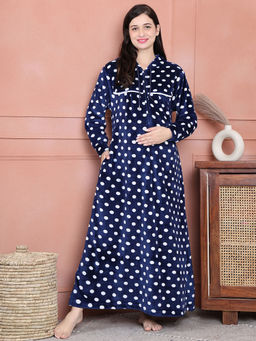 Secret Wish - Blue Polka Dot Woolen Maternity Nighty Full Length with Hoodie