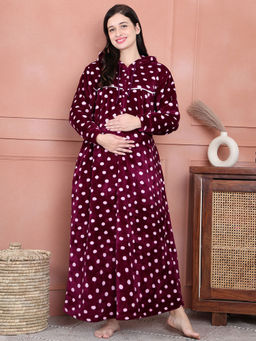 Secret Wish - Purple Polka Dot Woolen Maternity Nighty Full Length with Hoodie