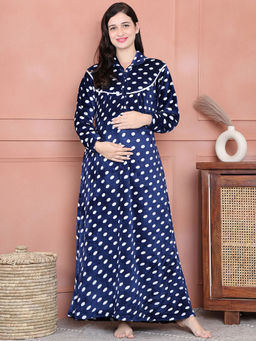 Secret Wish - Blue Polka Dot Woolen Winter Maternity Nighty