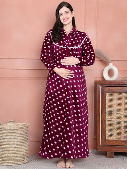 Secret Wish - Purple Polka Dot Woolen Winter Maternity Nighty